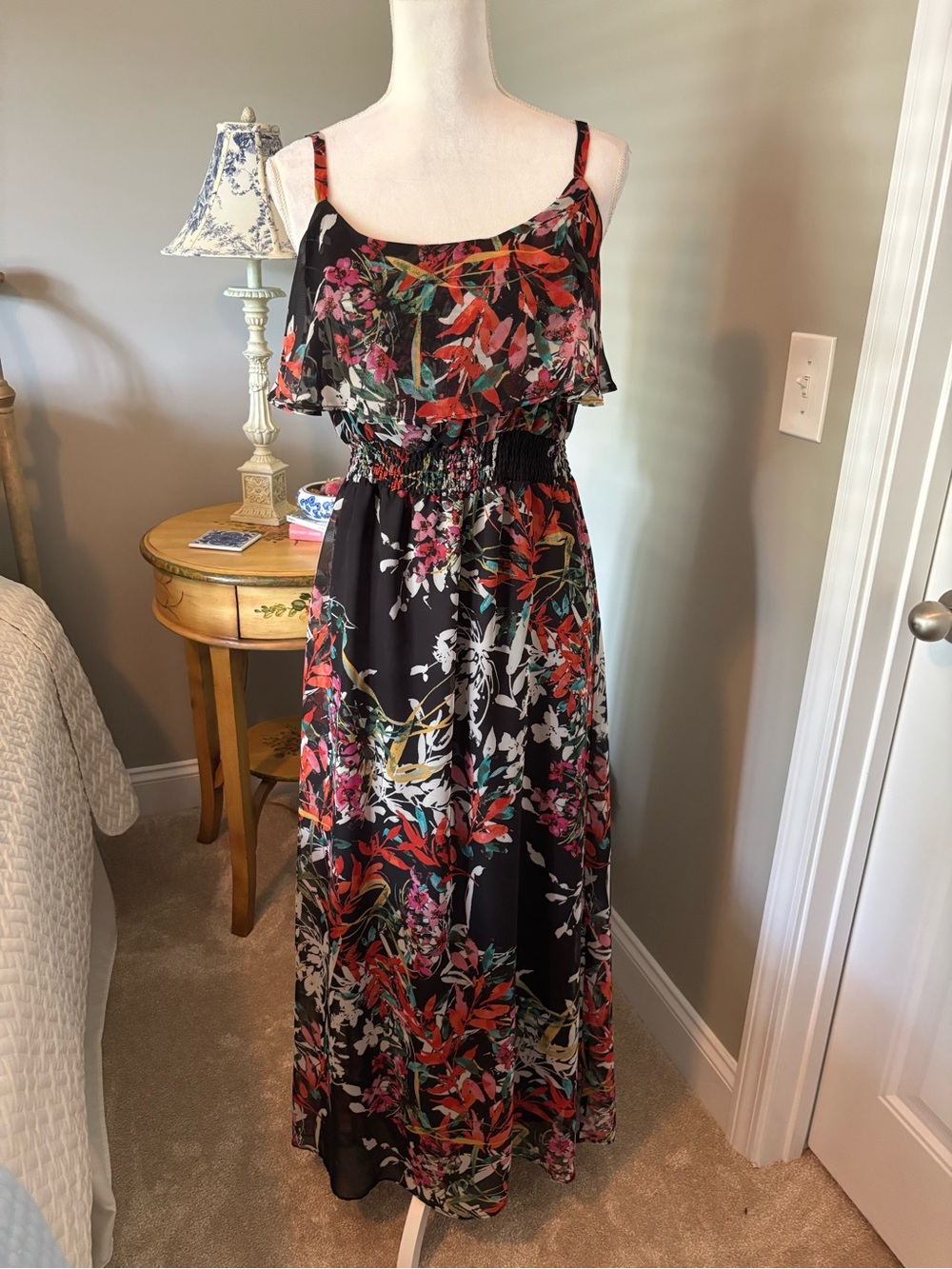 Floral Black Maxi Dress with Smocked Waist and Ruffle Bodice